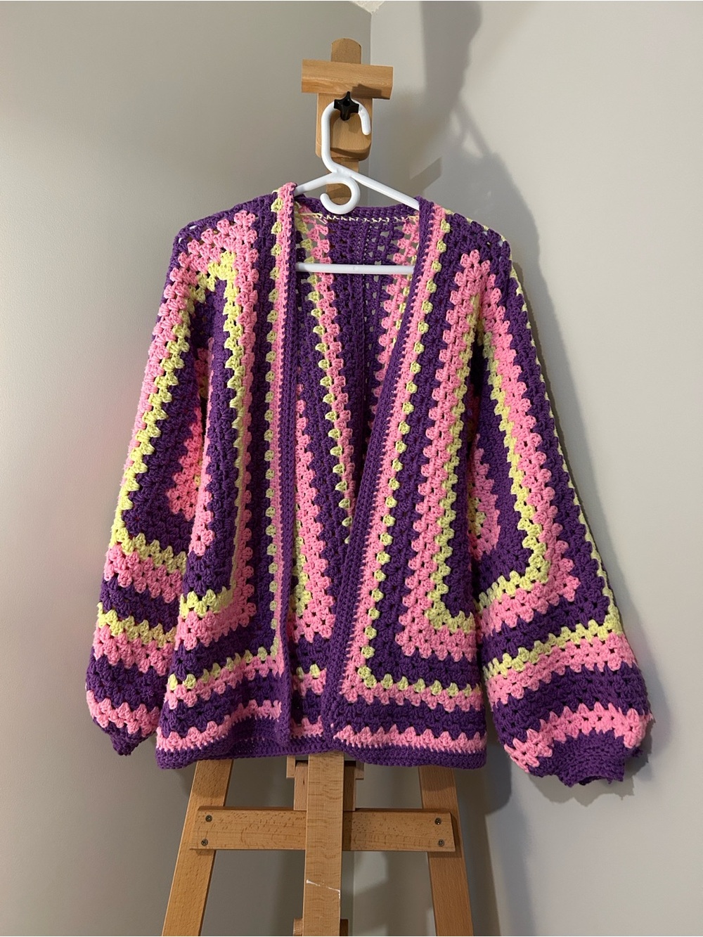 Handmade Crochet Cardigan Sweater in Purple Pink and Yellow | O/S